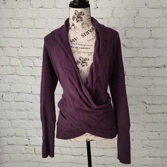 Karma Stretch Surplice Deep Faux-Wrap Top Long Sleeve Eggplant Purple Size S - Picture 5 of 6